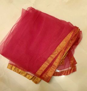 Pink Net Dupatta With Golden Border