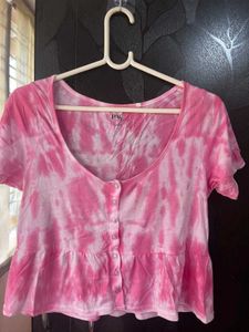 Pink Tie-Dye Peplum Button Front Top