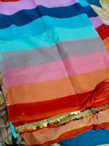 Colorful Striped Saree With Golden Zari Border