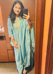 Elegant Teal Kurta Palazzo Dupatta Set