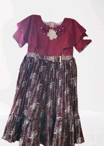 Girls Maroon Floral Belted Dress With Free Lagging