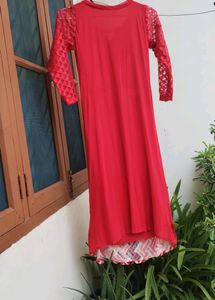 Red Net Kurta with Slit and Inner Lining