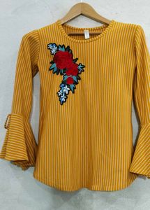 Striped Floral Embroidered Bell Sleeve Top