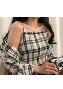 Casual Checkered Women White Black Top