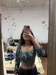 Paisley Print Long Sleeve Crop Top