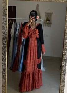 Printed Orange-Black Tiered BOHO Maxi
