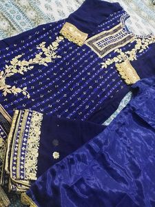 Elegant Blue &amp; Gold Embroidered Plazoo Kameez Set
