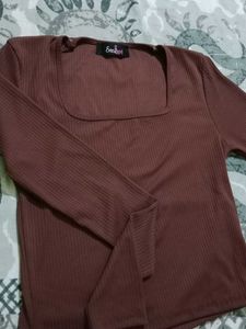Brown Ribbed Square Neck Top