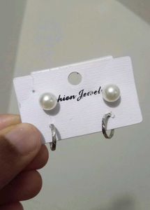 Silver Half Round Hoops & White Pearl Earring