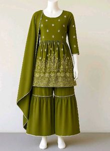 Olive Green Embroided Kurti With Garara & Dupatta