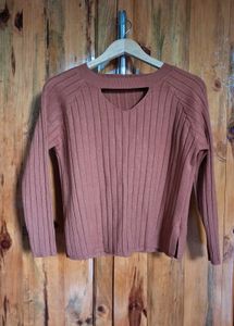 Ribbed Cutout Long Sleeve Top - Rust/Terracotta