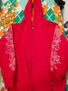 Floral Embroidered Red Hoodie