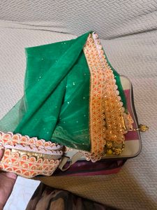 Wedding White Lehnga Choli Green Dupatta With Bag