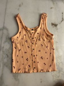 Peach Ribbed Sleeveless Button-Down Top with Flora