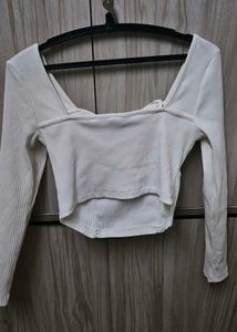 White Ribbed Tie-Front Top