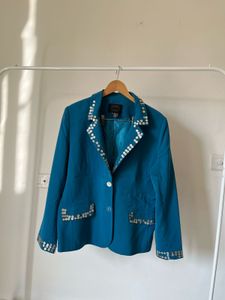 Aqua Blue Single Breasted Blazer with Sequins Bead