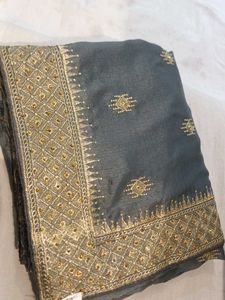 Cash Only Elegant Gray & Gold Embroidered Saree