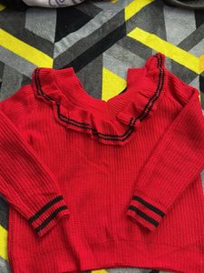 Red Ruffle Trim Knit Sweater