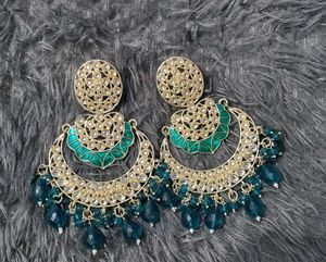 Teal Beaded Crescent Earrings