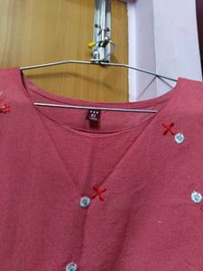 Red  Floral Embroidered Kurti Cotton