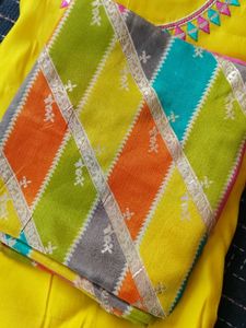 Yellow Mirror Work Unstitched Suit