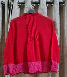 Red Pleated Blouse with Lace Hem