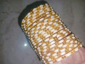 Cream, Golden White Work On Bangles