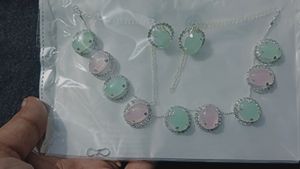 Beautiful Light Pink And Green Stones Necklace Set
