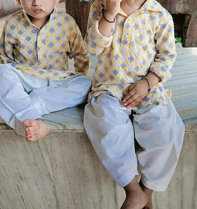 New Yellow Chikankari Punjabi/kurta For Baby, Kids With Collar And White Pants
