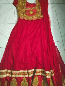 Red &amp; Gold Embellished Anarkali Dress