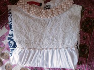 White Floral Top With Beautiful Pearl Neck