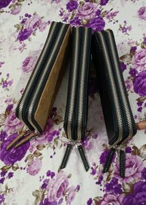 Leather Double Metal Zipper Womens Purse 3 Pcs