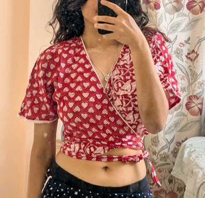 Wrap crop top in ajrakh print