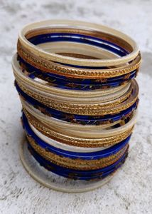 Blue And Cream Colour Fancy Glass Bangles Sets...