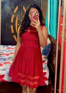 Cute Red Striped Stretchable Fit &amp; Flare Dress