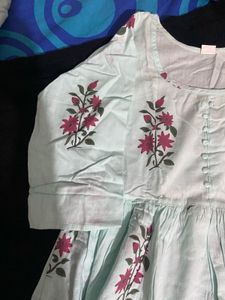 Blue Cotton Floral Dress With Plazzo
