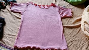 Pink Ruffle Trim Ribbed Knit Top