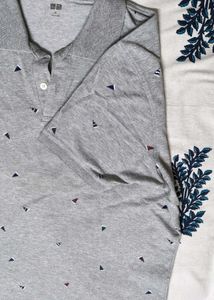 Uniqlo Men Cotton Mix Grey Printed Polo Tshirt