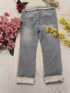 Girls&#39; Light Blue Sequin Cuff Jeans with Belt