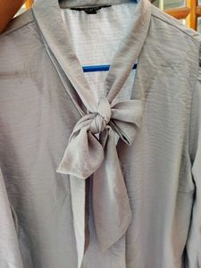 Elegant Light Blue Office Wear Shirt Bow Tie Nec