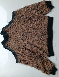 Cold Shoulder Fuzzy Leopard Print Sweater