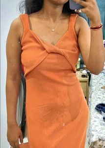 Orange Ribbed Bow-Front Bodycon Dress