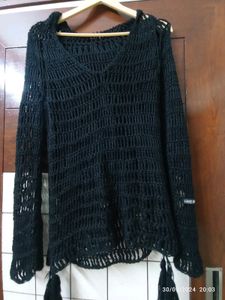 Black Crochet Knit Hoodie
