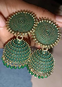 Ethnic Jhumka Earring Set - Green &amp; Oxidized Silve