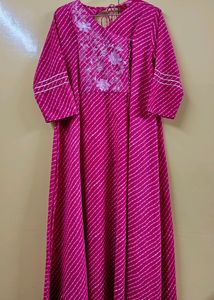 Pink and White Leheriya Printed Angrakha Kurta