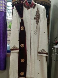 OFF WHITE GROOM SHERWANI WITH MAROON PAJAMA SET