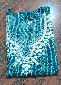 Teal Bandhani Kurti with Embroidery Size Xl