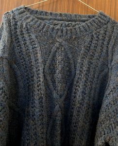 Blue Knit Cable Pullover Sweater