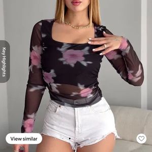 Black Floral Square Neck Top