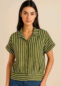 Striped Olive Green Cropped Blouse